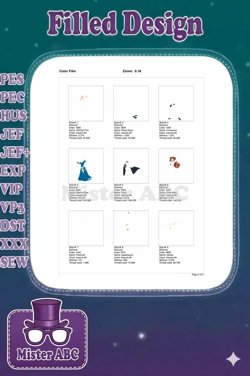 First page of the Color Film for Merida embroidery, showing the initial 9 color stops with thread details.