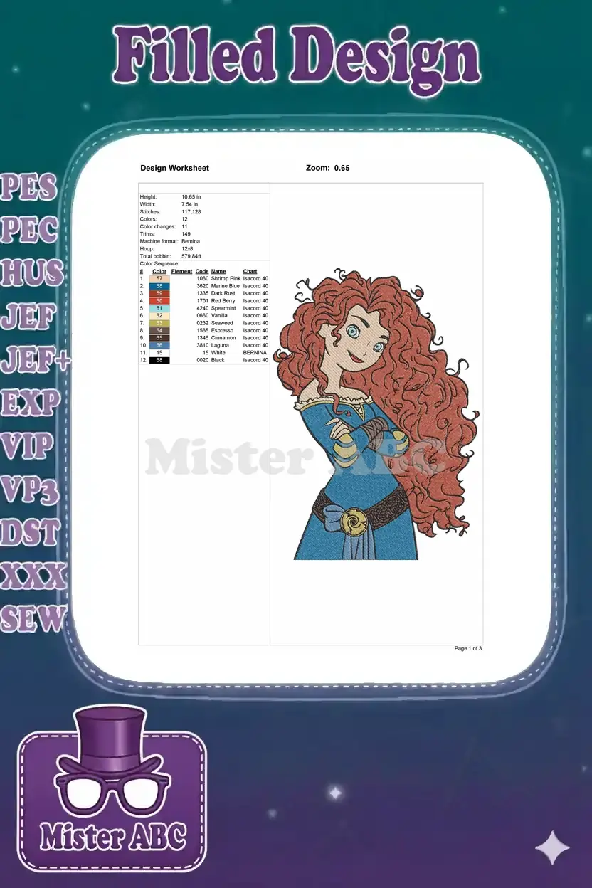 Embroidery design worksheet for Merida, detailing stitch count, dimensions, color sequence, and thread codes.