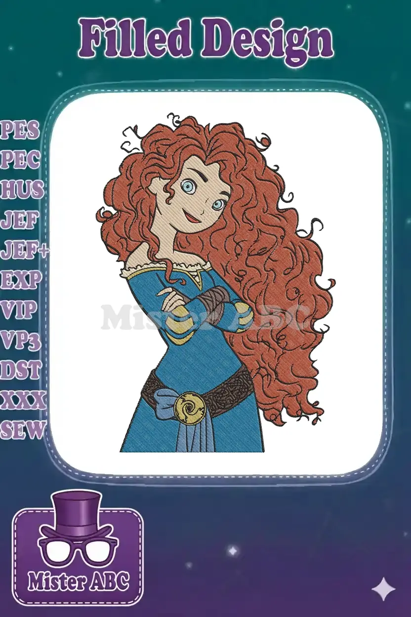 A vibrant embroidery design of Merida from Disney's Brave, featuring her iconic red curly hair and blue dress.