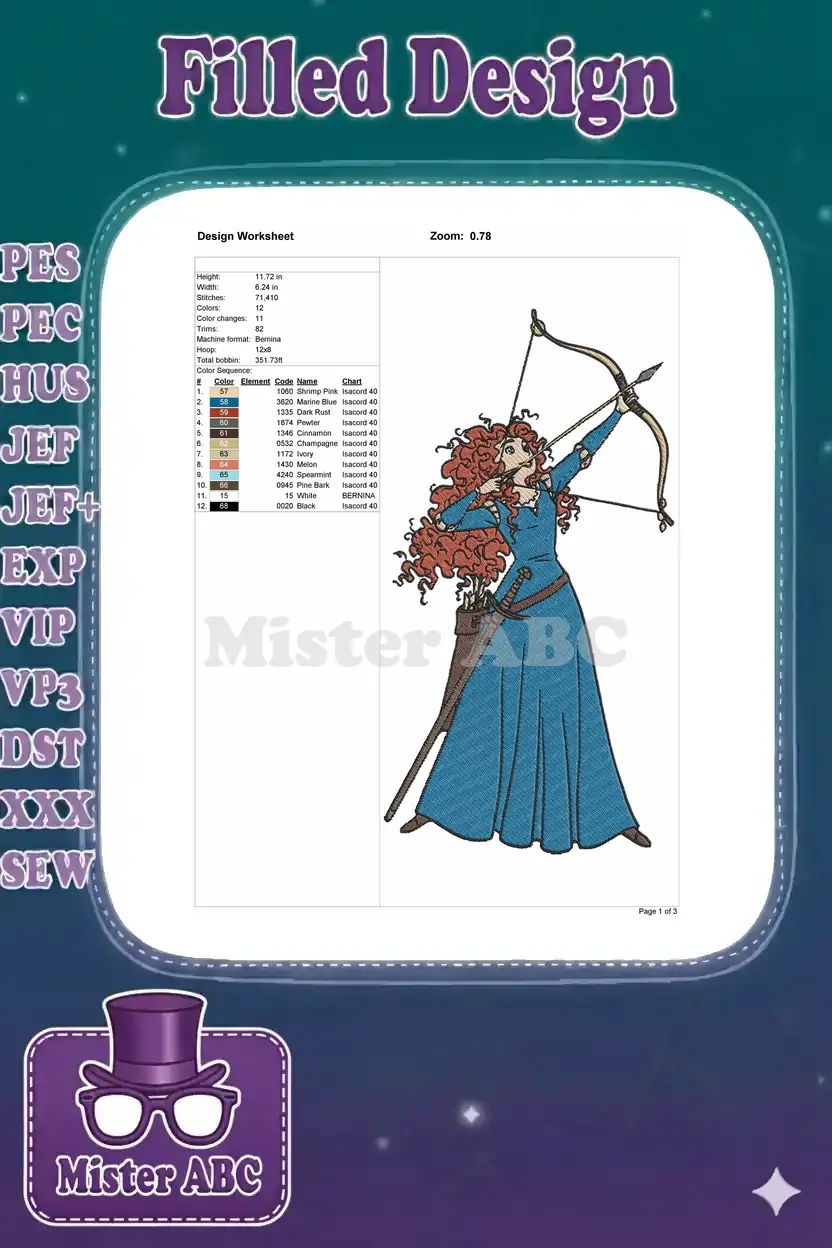 Embroidery design worksheet for Merida, detailing dimensions, stitch count, color chart, and machine info.