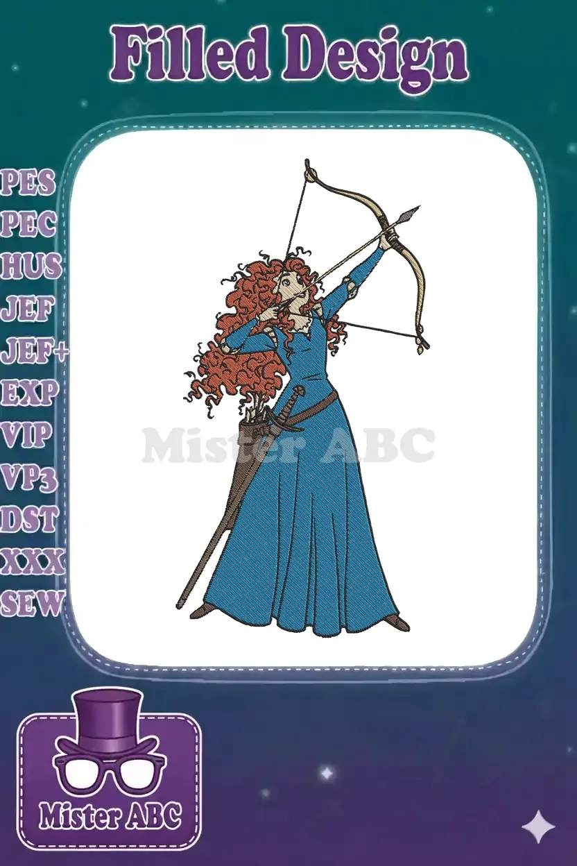 Embroidery design of Merida from Disney's Brave, aiming her bow with determination, showcasing vibrant colors.