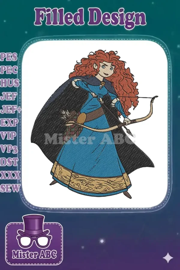 Full-color embroidered design of Merida from Brave, aiming her bow, featuring flowing red hair and a blue dress.