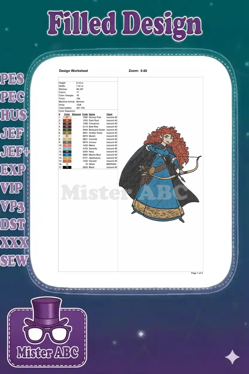 Embroidery design worksheet for Merida, showing stitch count, color sequence, dimensions, and machine format details.