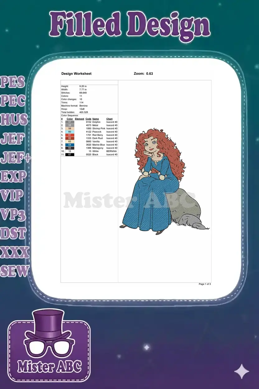 Embroidery design worksheet for Merida, detailing dimensions, stitch count, color sequence chart, and machine specifications.