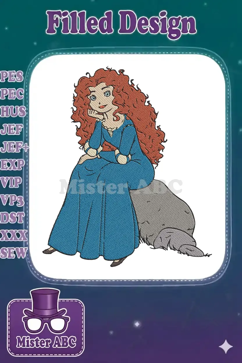 Detailed machine embroidery design of Merida from Brave, with flowing red curly hair and a blue dress, sitting on a rock.