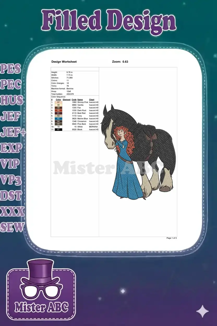 A detailed embroidery design worksheet for Merida and Angus, showing dimensions, stitch count, and color sequence.