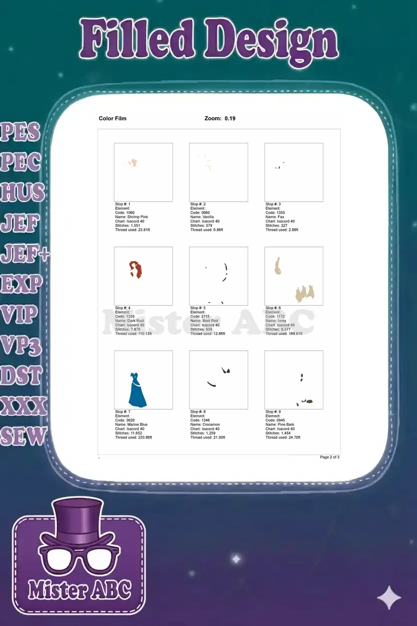 Page 1 of the color film for the Merida and Angus embroidery, detailing the first nine color stops and stitch elements.