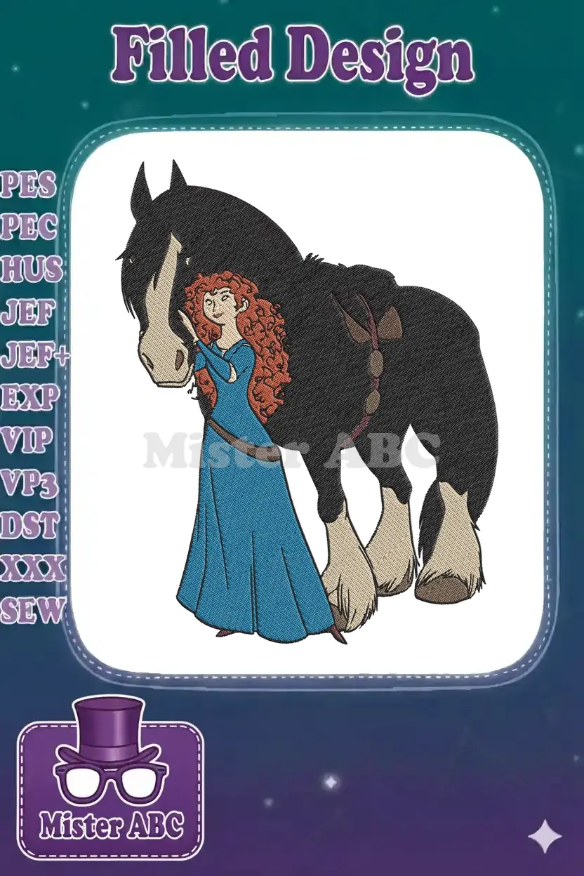 Merida from Disney's Brave standing beside her powerful black horse, Angus. A vibrant, detailed embroidery design.
