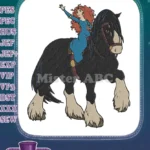 Spirited Red-Haired Princess Riding Majestic Black Horse Embroidery Designs - Instant Download