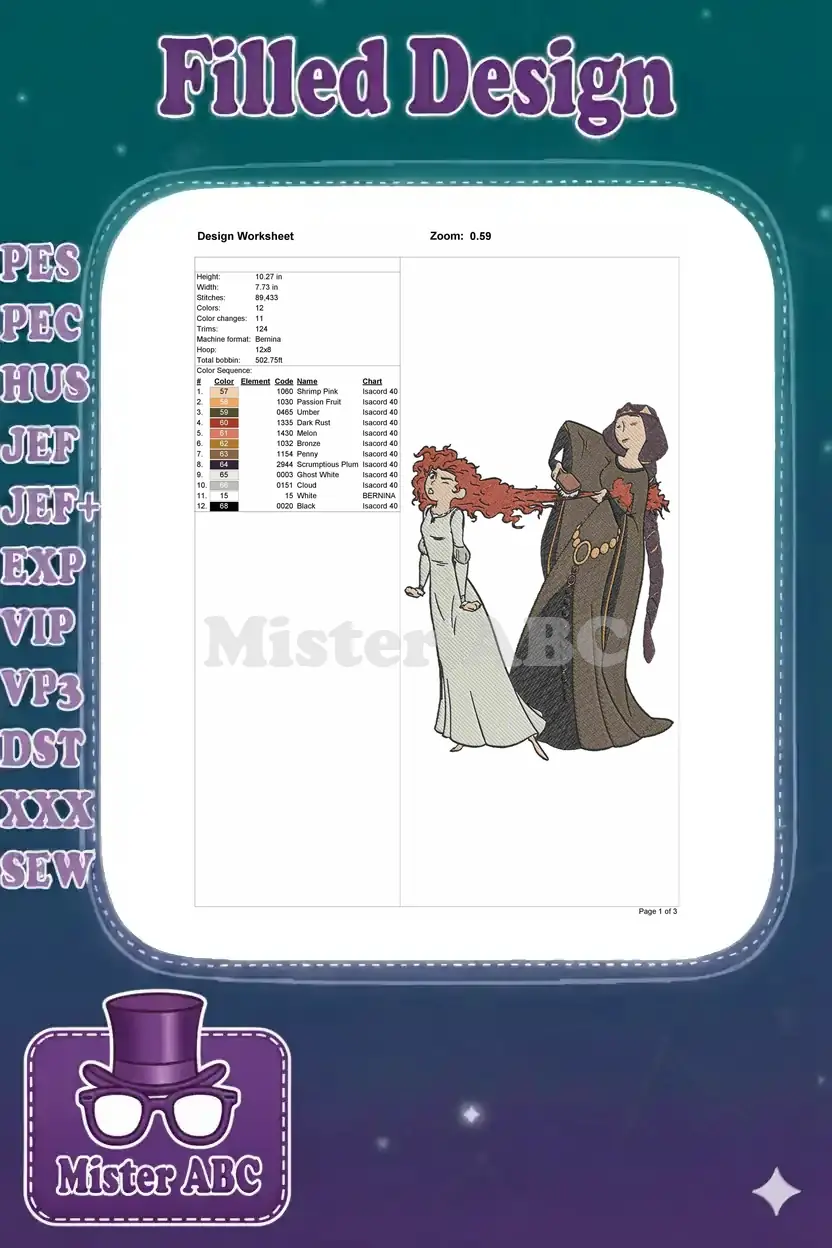 Detailed embroidery design worksheet showing dimensions, stitch count, color chart, and recommended machine settings.