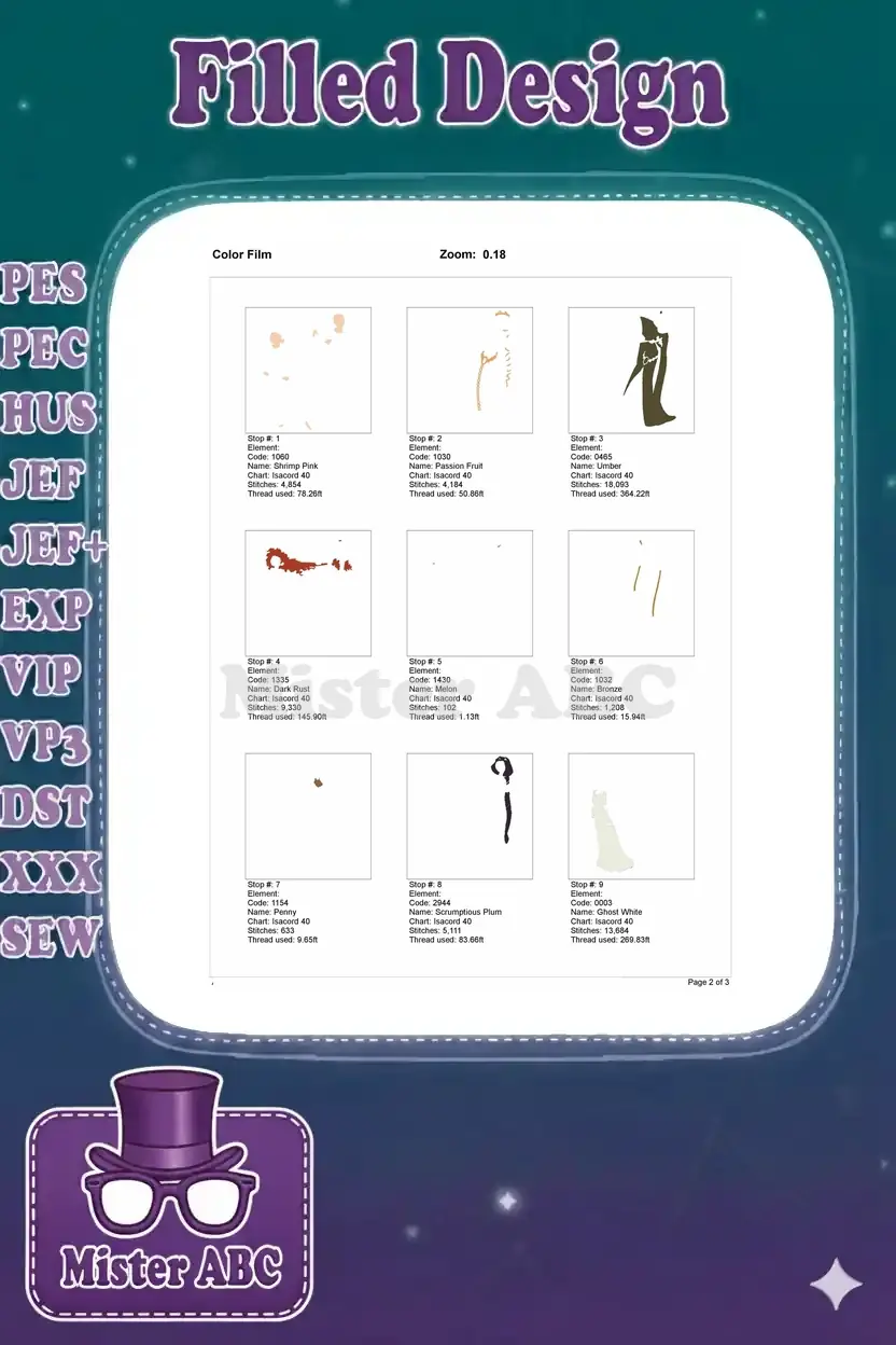 First page of the color film, showing individual stitch stops and thread details for the embroidery design.