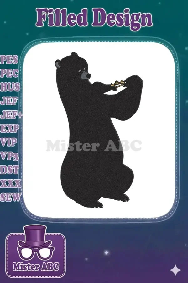 A detailed embroidery design featuring a standing black bear holding a small, colorful item in its paws.