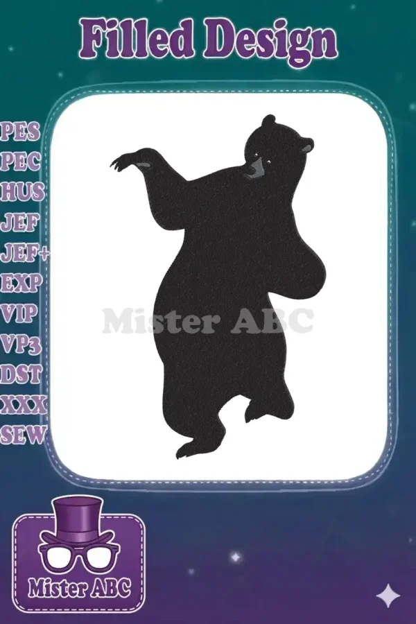 A dynamic embroidery design of a standing black bear with a playful posture, featuring detailed satin stitching for a sleek finish.