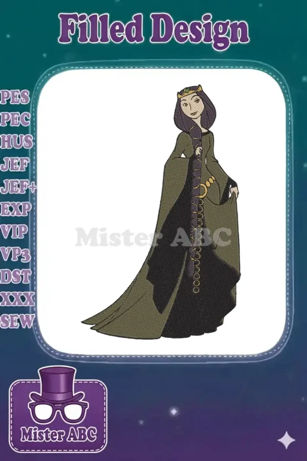 Full-body embroidery of Queen Elinor from Brave, featuring her long braided hair and elegant green gown.
