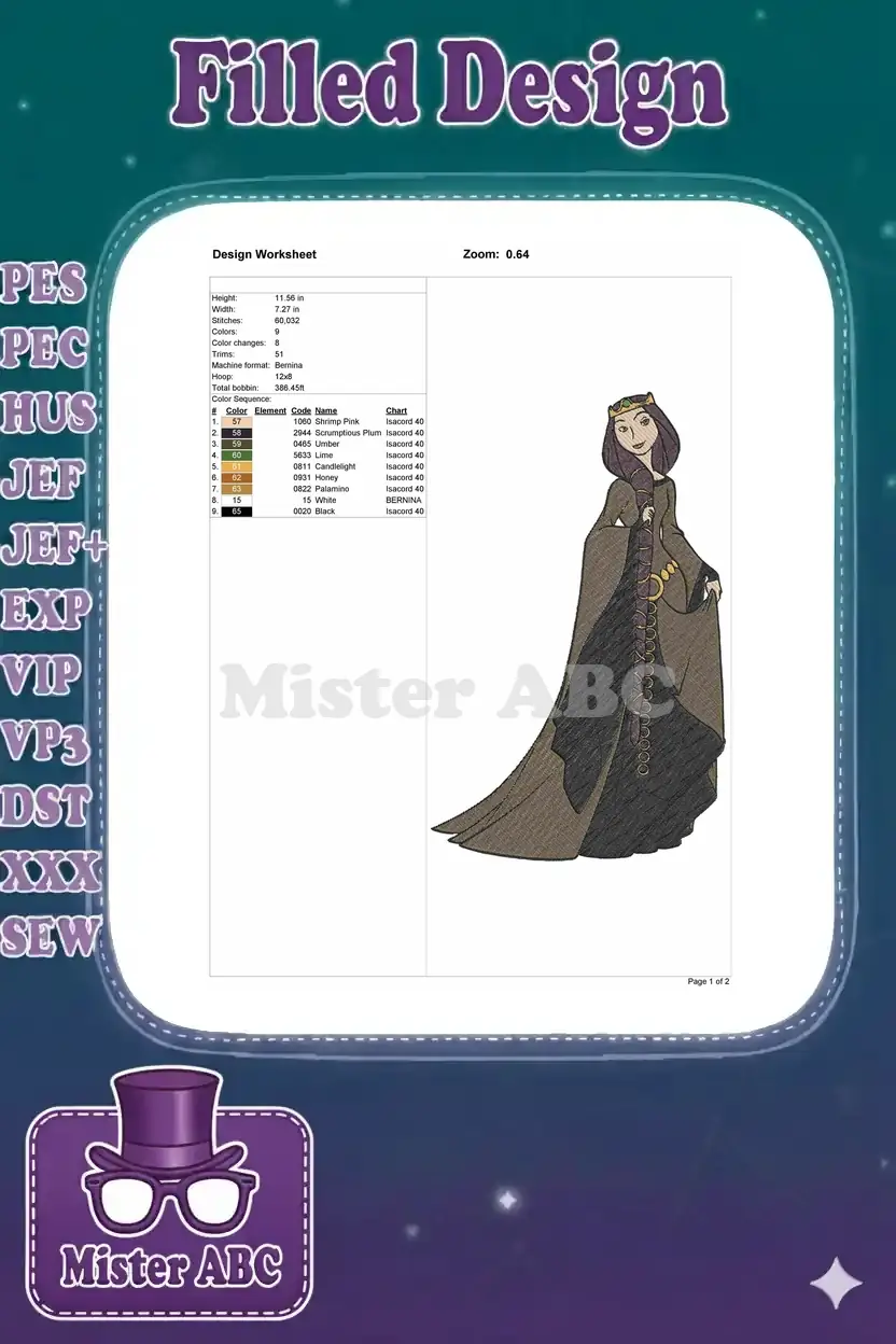 Embroidery design worksheet for Queen Elinor, detailing stitch count, dimensions, color sequence, and machine info.