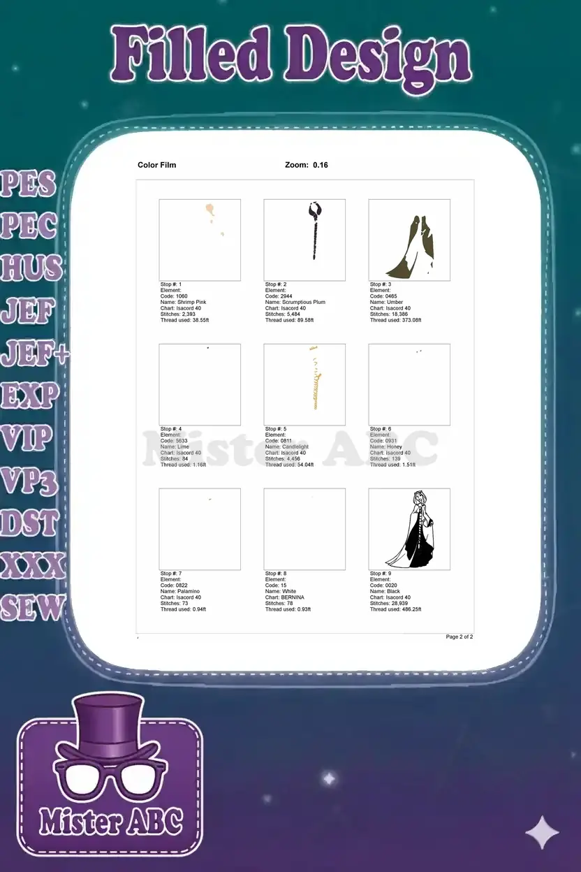 Color film breakdown for the Queen Elinor embroidery, showing individual stitch elements for each color.