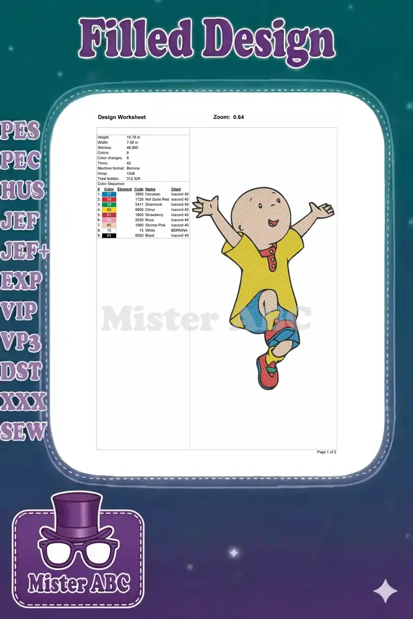 Embroidery design worksheet for Caillou, showing dimensions, stitch count, color chart, and machine details.