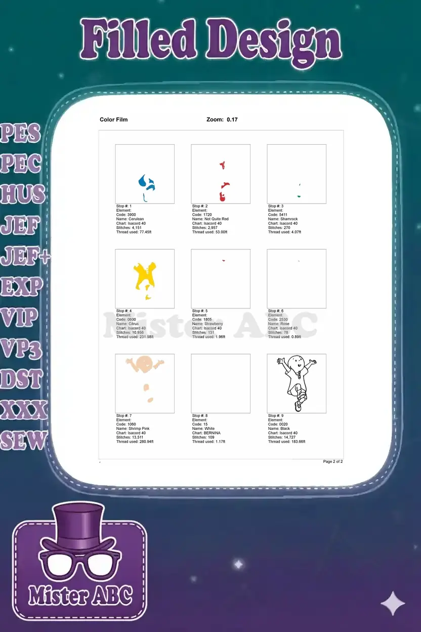 Color film breakdown for the Caillou embroidery design, detailing each stitch stop and thread usage.