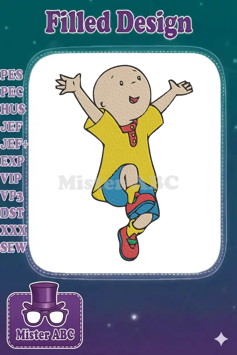 Vibrant Caillou embroidery design, mid-jump with arms open, smiling, featuring fill and satin stitches.