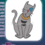 Cute Sitting Grey Cat with Blue Eye Embroidery Designs - Instant Download