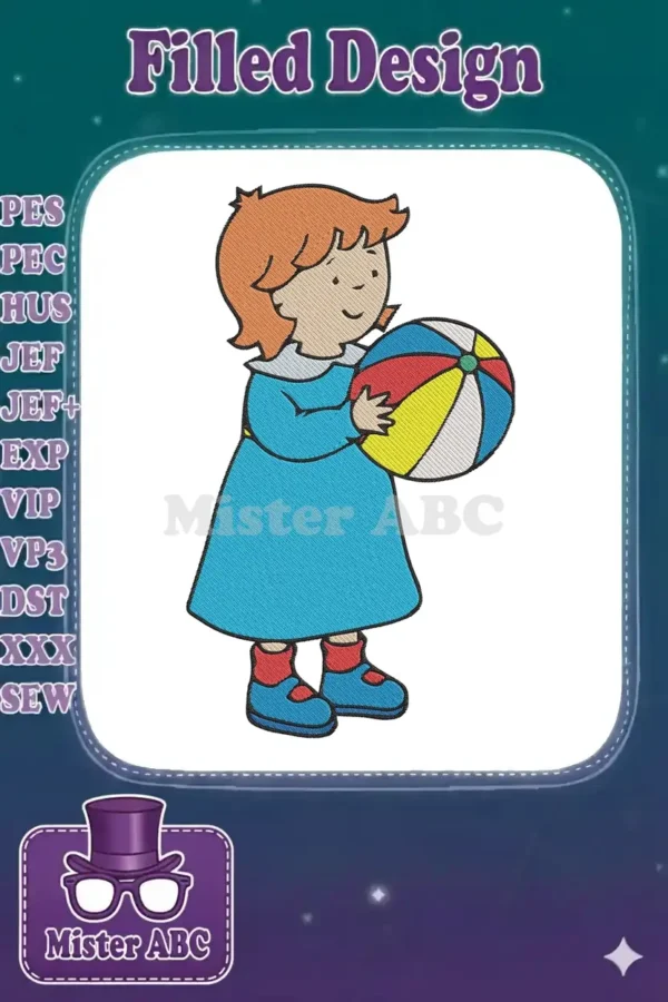 Full-color embroidery design of Rosie from Caillou, featuring her red hair, blue dress, and a vibrant beach ball, ready for playful projects.