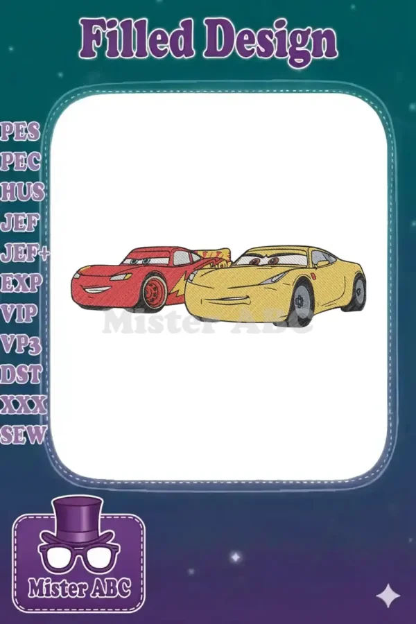 Vibrant embroidery design featuring Lightning McQueen, a red race car, and Cruz Ramirez, a yellow race car, side-by-side.