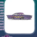 Cute purple animated hot rod car with flames embroidery designs - Instant Download