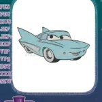 Smiling light blue classic car with tail fins embroidery designs - Instant Download