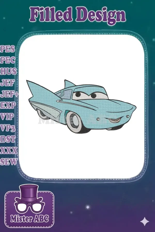 Flo from Disney Pixar Cars embroidery design, featuring her iconic teal-blue retro car with expressive eyes and smile.
