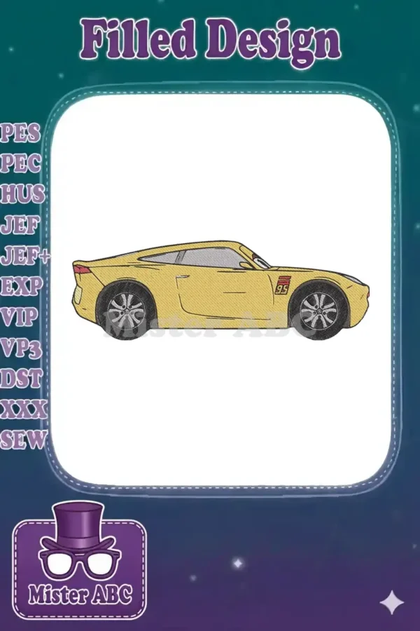 A vibrant yellow sports car embroidery design, featuring the number 95 and intricate details, ready for any project.