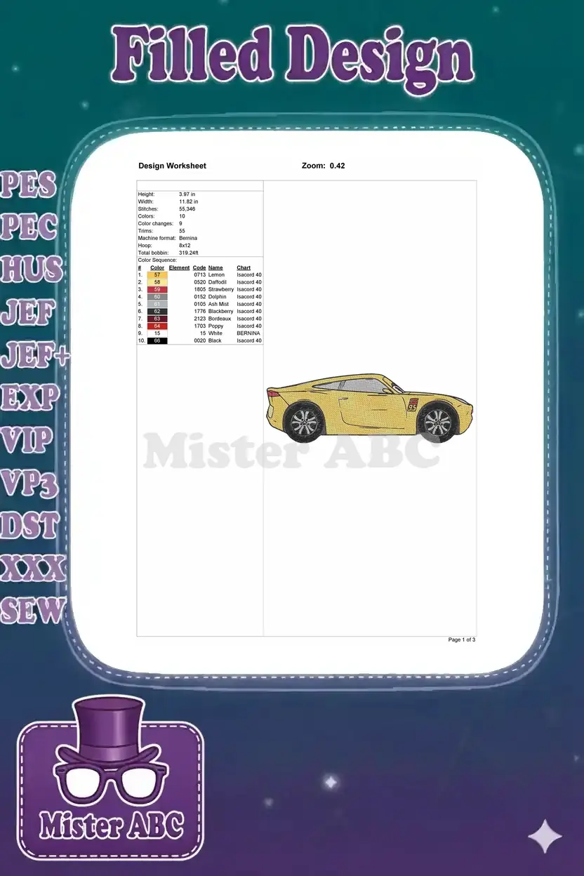 An embroidery design worksheet detailing stitch count, dimensions, color sequence, and thread codes for the yellow car.