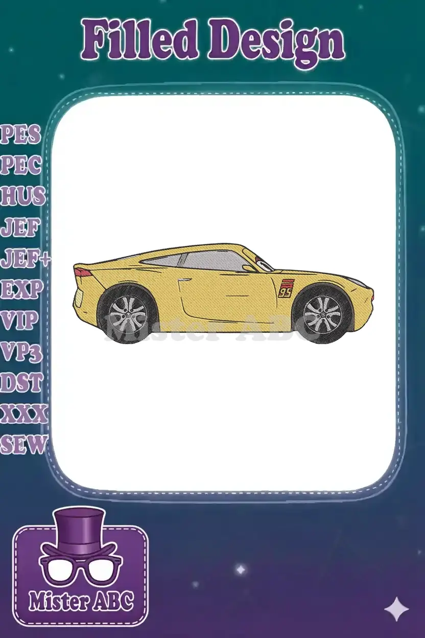 A vibrant yellow sports car embroidery design, featuring the number 95 and intricate details, ready for any project.