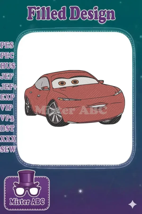 Front-facing embroidery design of Sally Carrera, the red Porsche from Disney Pixar's Cars, with expressive eyes.