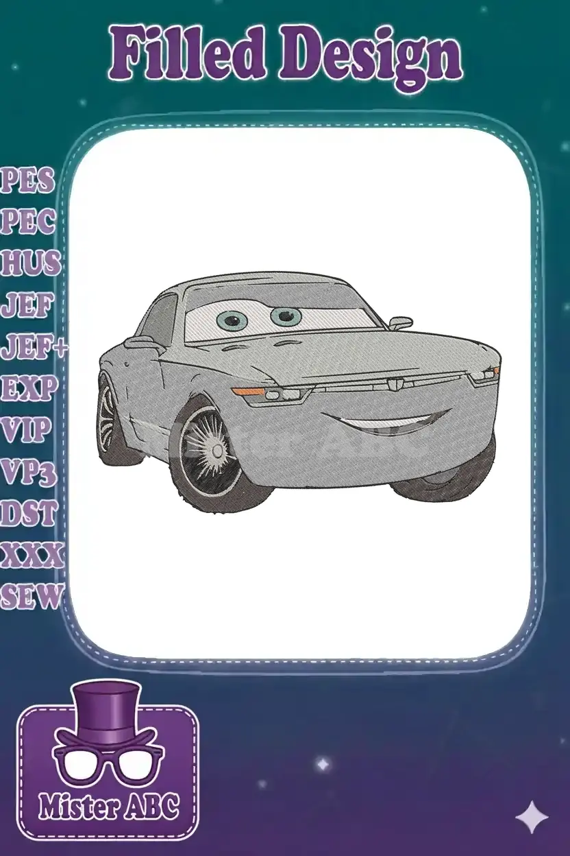 A friendly, gray cartoon car with large blue eyes and a wide smile, designed for machine embroidery.