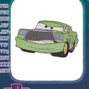 Vibrant Chick Hicks embroidery design from Disney Pixar's Cars, featuring his iconic green race car look.