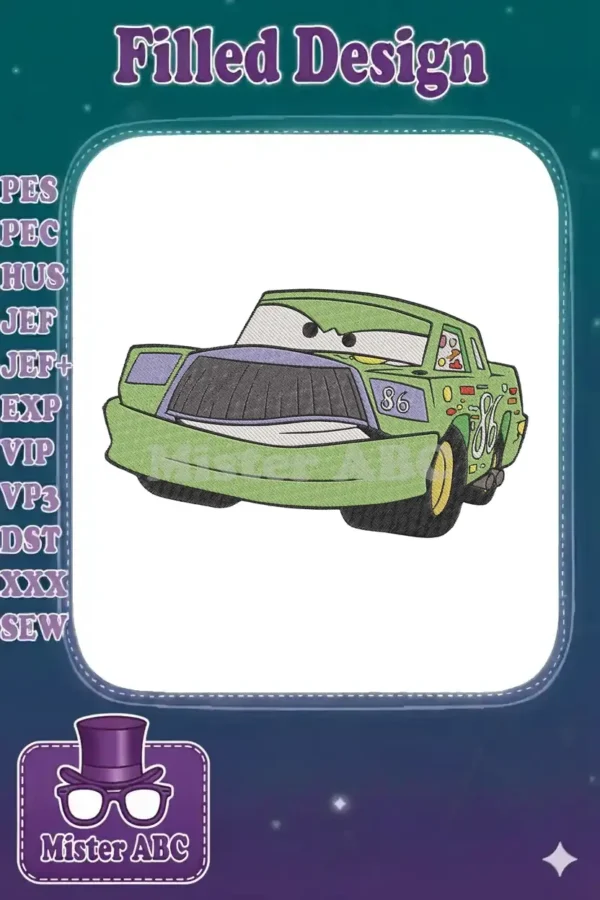 Vibrant Chick Hicks embroidery design from Disney Pixar's Cars, featuring his iconic green race car look.