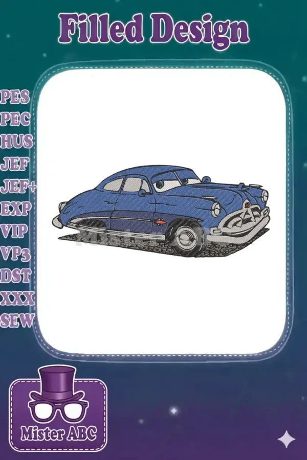 Detailed embroidery design of a classic blue cartoon race car, with expressive eyes and a vintage grille.