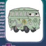 Happy Green Hippie Van with Flowers and Stars Embroidery Designs - Instant Download