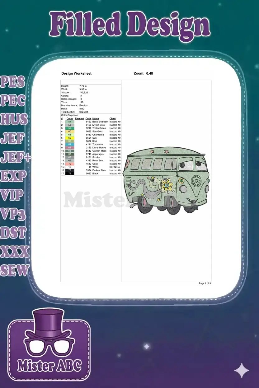 Embroidery design worksheet detailing dimensions, stitch count, color sequence, and thread information.