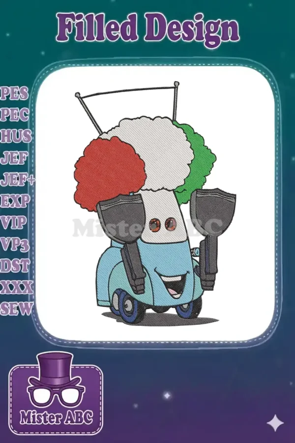 A cheerful light blue car character embroidery design, featuring an Italian flag-colored 'hair' and holding two brushes.