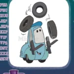 Playful light blue cartoon car juggling tires embroidery designs - Instant Download