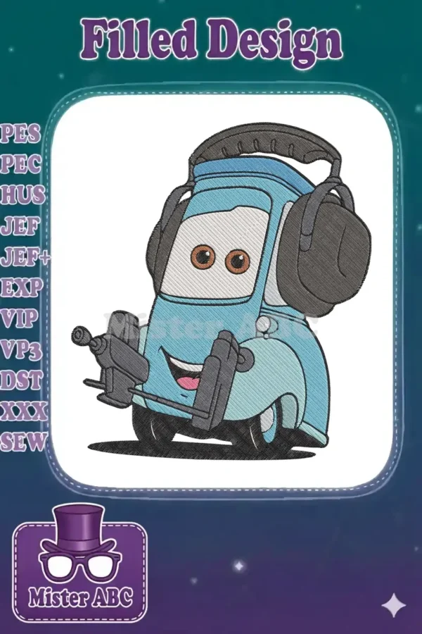 Adorable blue tow truck character, resembling Mater, wearing headphones and holding tools, an engaging embroidery design.