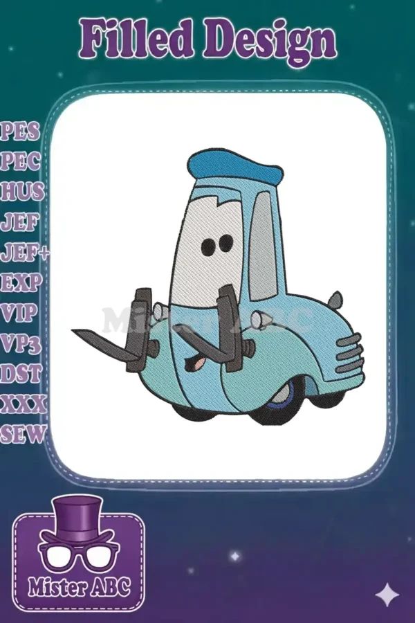 A detailed embroidery design of Guido, the blue forklift character from Disney Pixar's Cars, facing right.