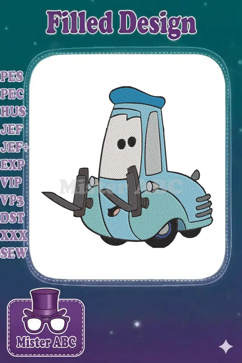 A detailed embroidery design of Guido, the blue forklift character from Disney Pixar's Cars, facing right.