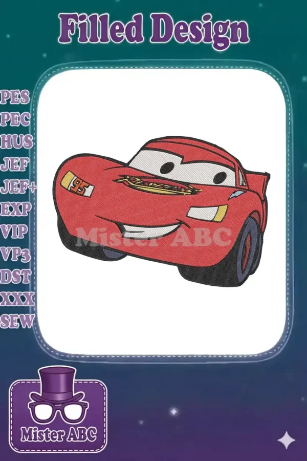 A vibrant embroidery design of Lightning McQueen, the iconic red race car from Disney Pixar's Cars, smiling.