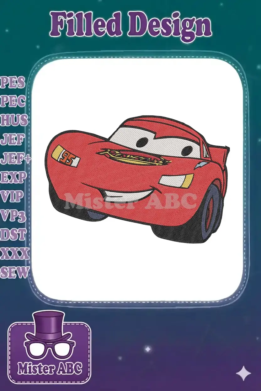 A vibrant embroidery design of Lightning McQueen, the iconic red race car from Disney Pixar's Cars, smiling.