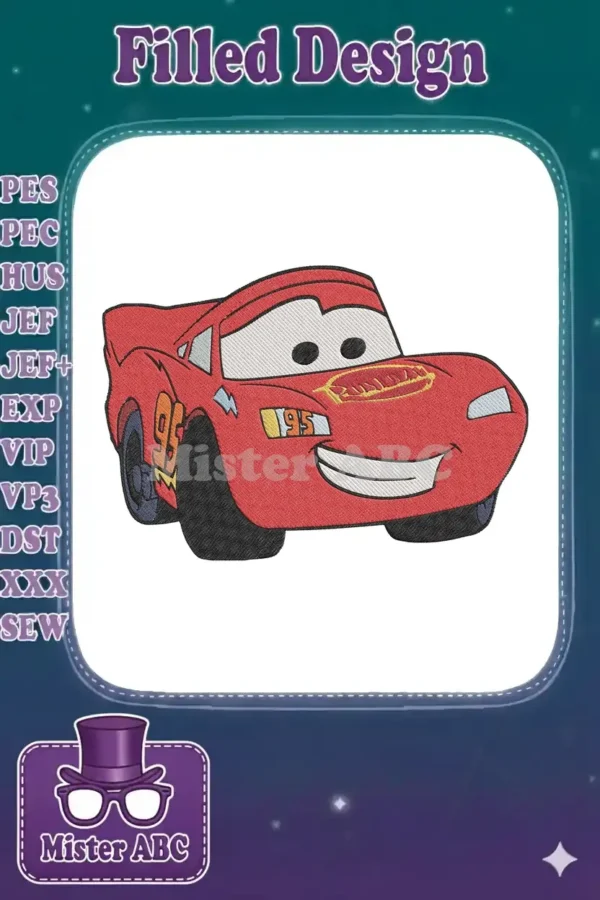 Vibrant Lightning McQueen embroidery design, showcasing his iconic red body, smiling face, and '95' detail.