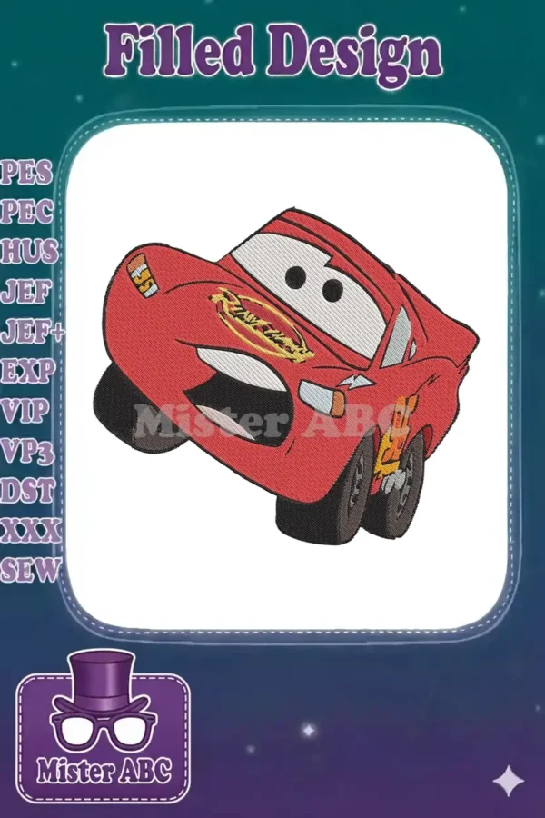 A vibrant, detailed embroidery design of Lightning McQueen, the famous red race car from Disney Pixar's Cars.