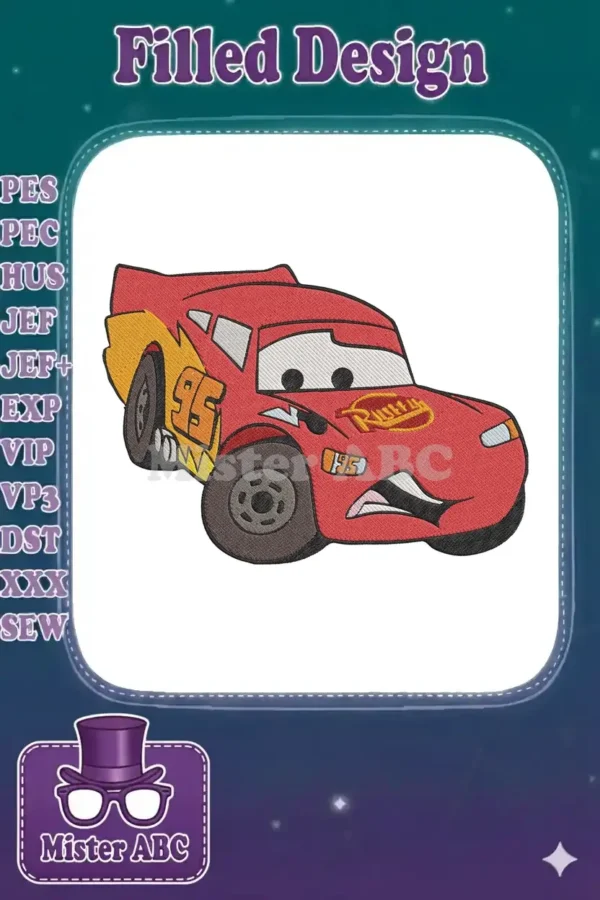 Vibrant Lightning McQueen car embroidery design, showcasing its iconic red body, '95' detail, and dynamic expression.