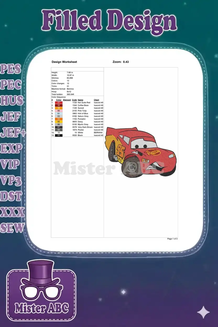 Embroidery design worksheet for Lightning McQueen, displaying dimensions, stitch count, color sequence, and machine info.
